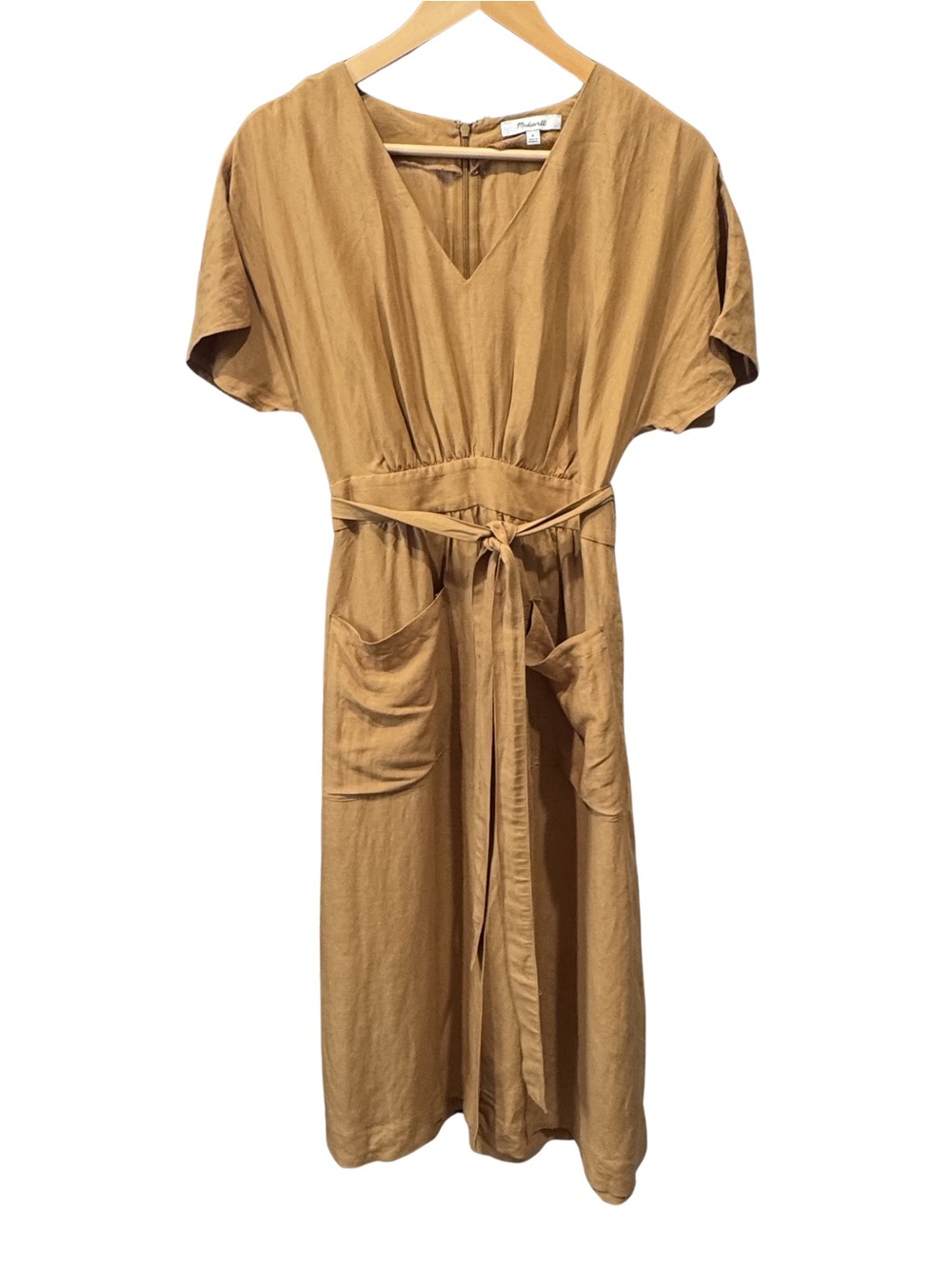 Madewell Camel Linen Blend Belted Midi Dress Women 0 V Neck Pockets Front Slit